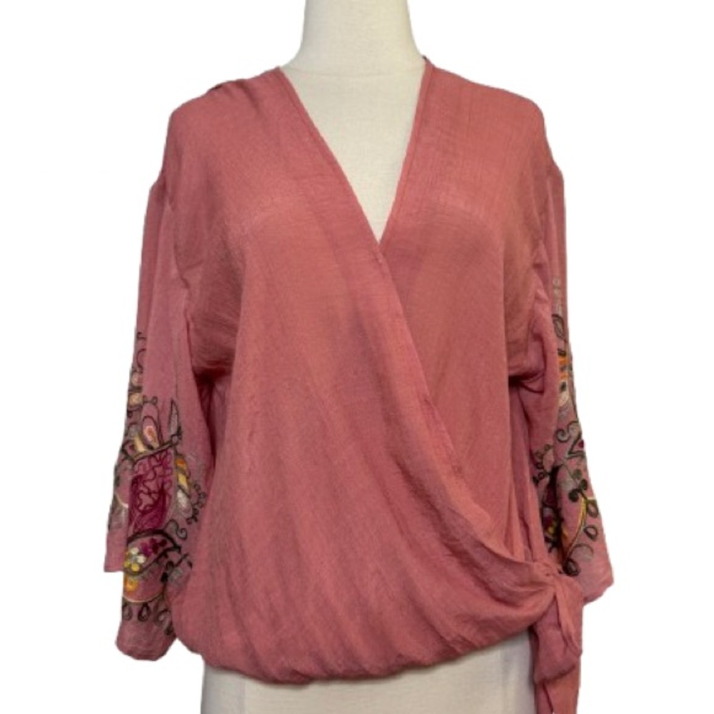 Chic coral Wrap Blouse with Embroidered Sleeves